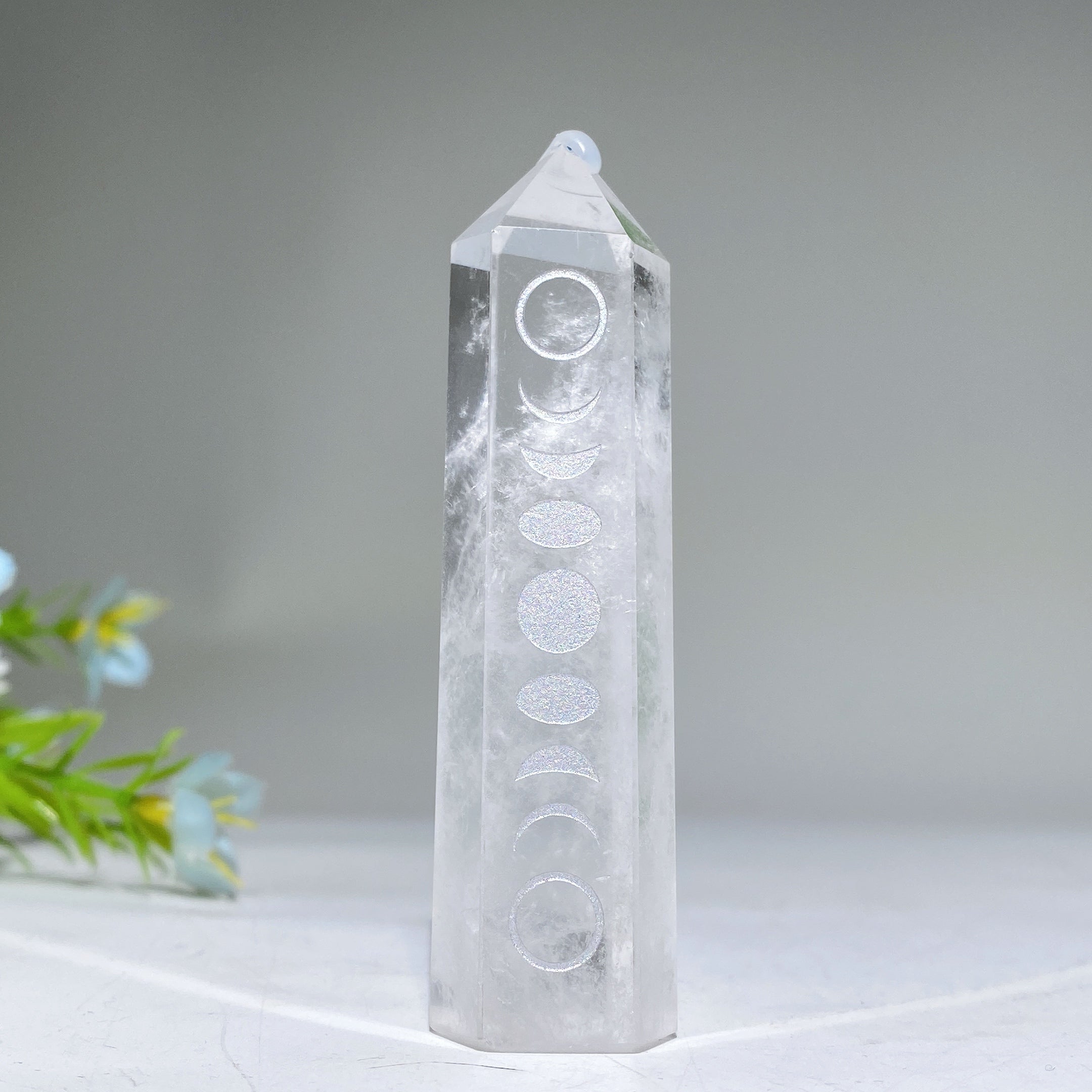 3.0 inch Clear Quartz Crystal Point with Moon Phase Engraving