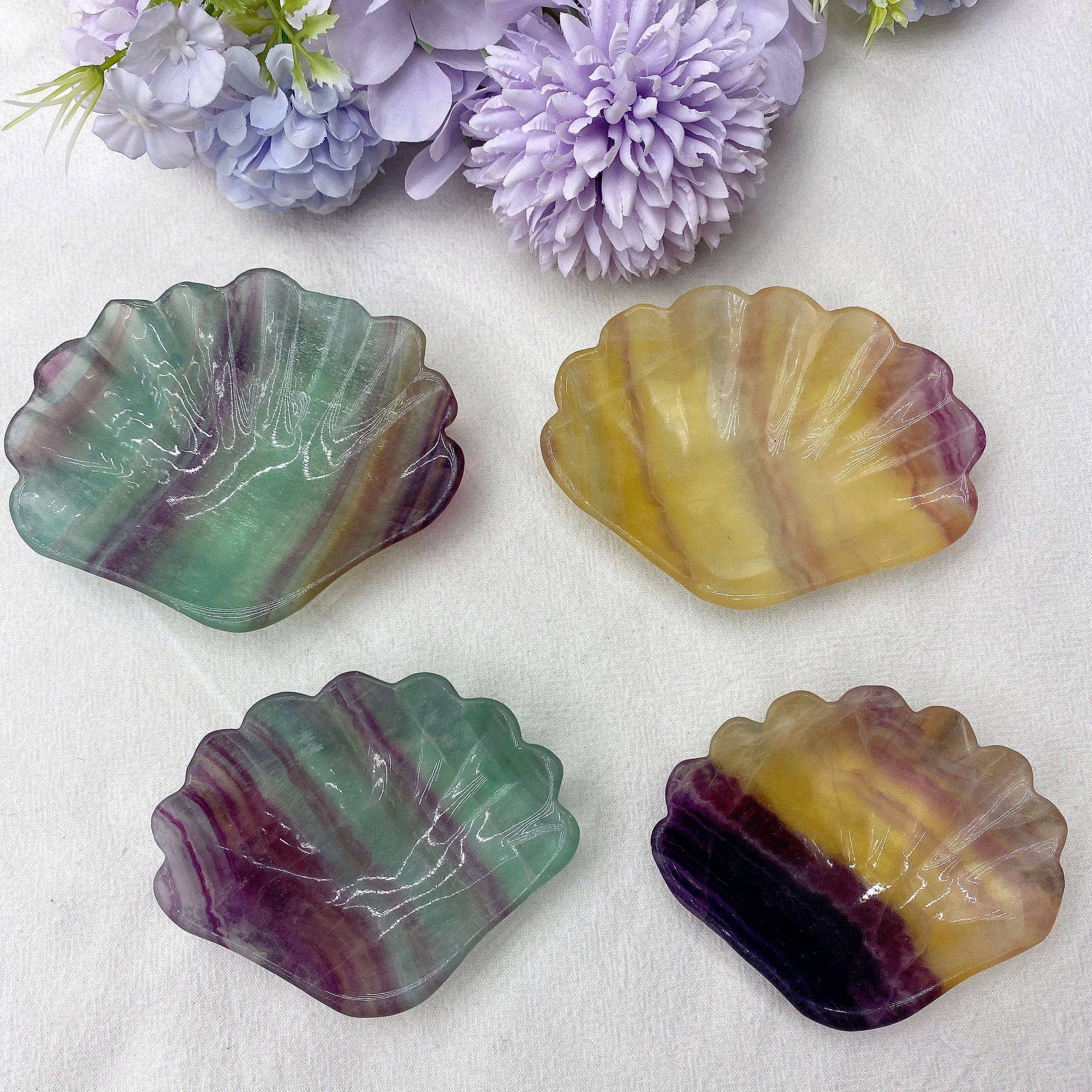 3.2-3.6in Green & Yellow Fluorite Shell Bowls | Crystal Decor