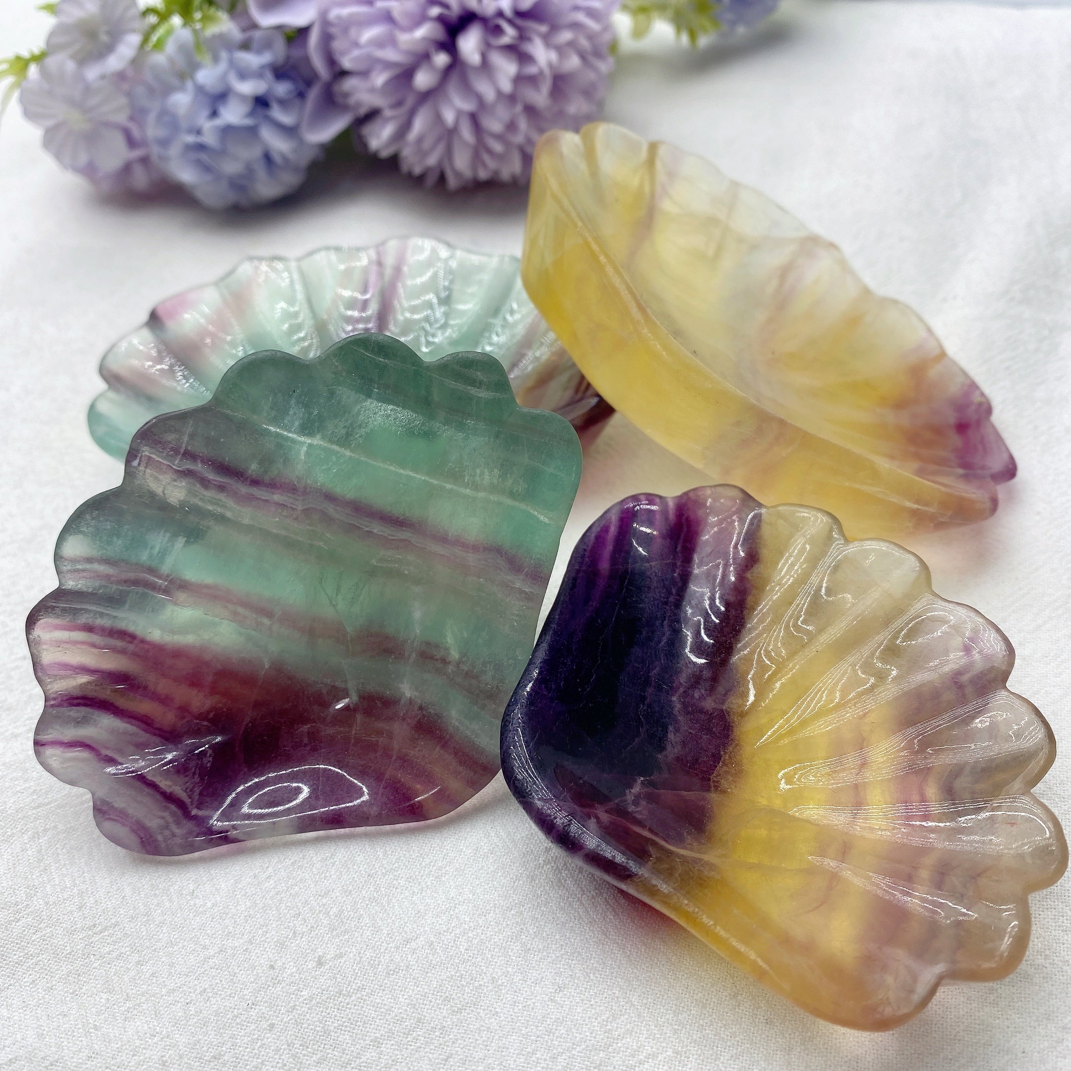 3.2-3.6in Green & Yellow Fluorite Shell Bowls | Crystal Decor