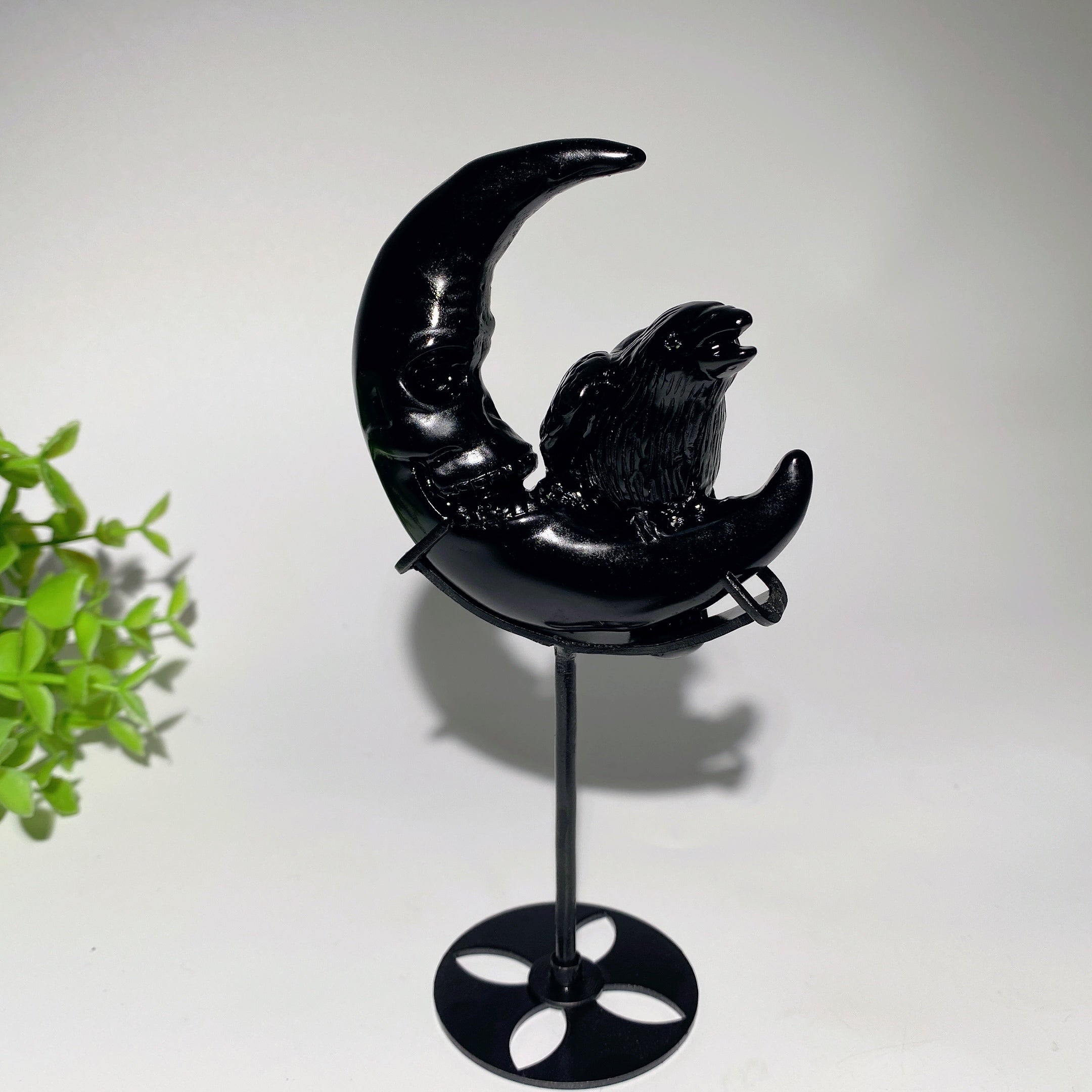 3.3 inch Black Obsidian Moon Face Raven Crystal Figurine with Stand