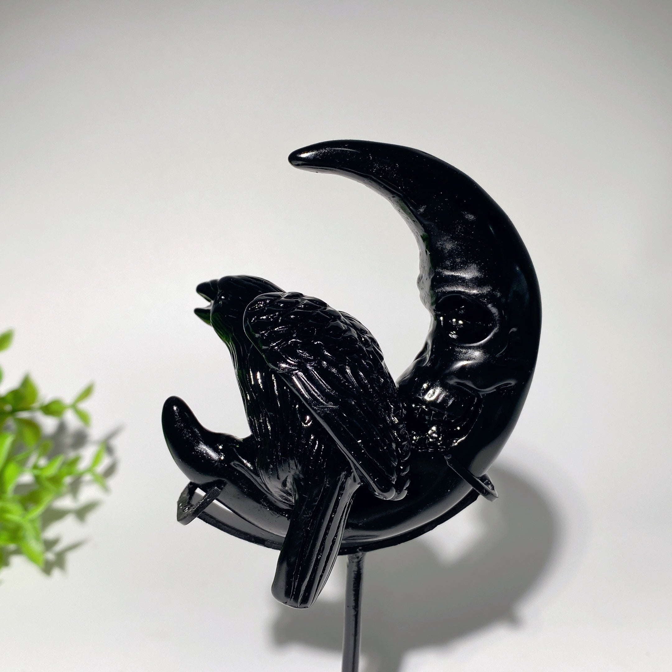 3.3 inch Black Obsidian Moon Face Raven Crystal Figurine with Stand