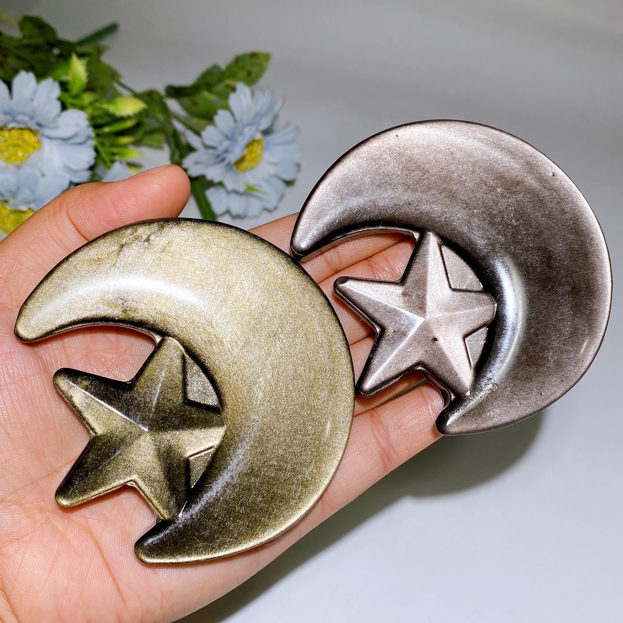 3.3 Inch Golden Obsidian Moon & Star Crystal Figurine