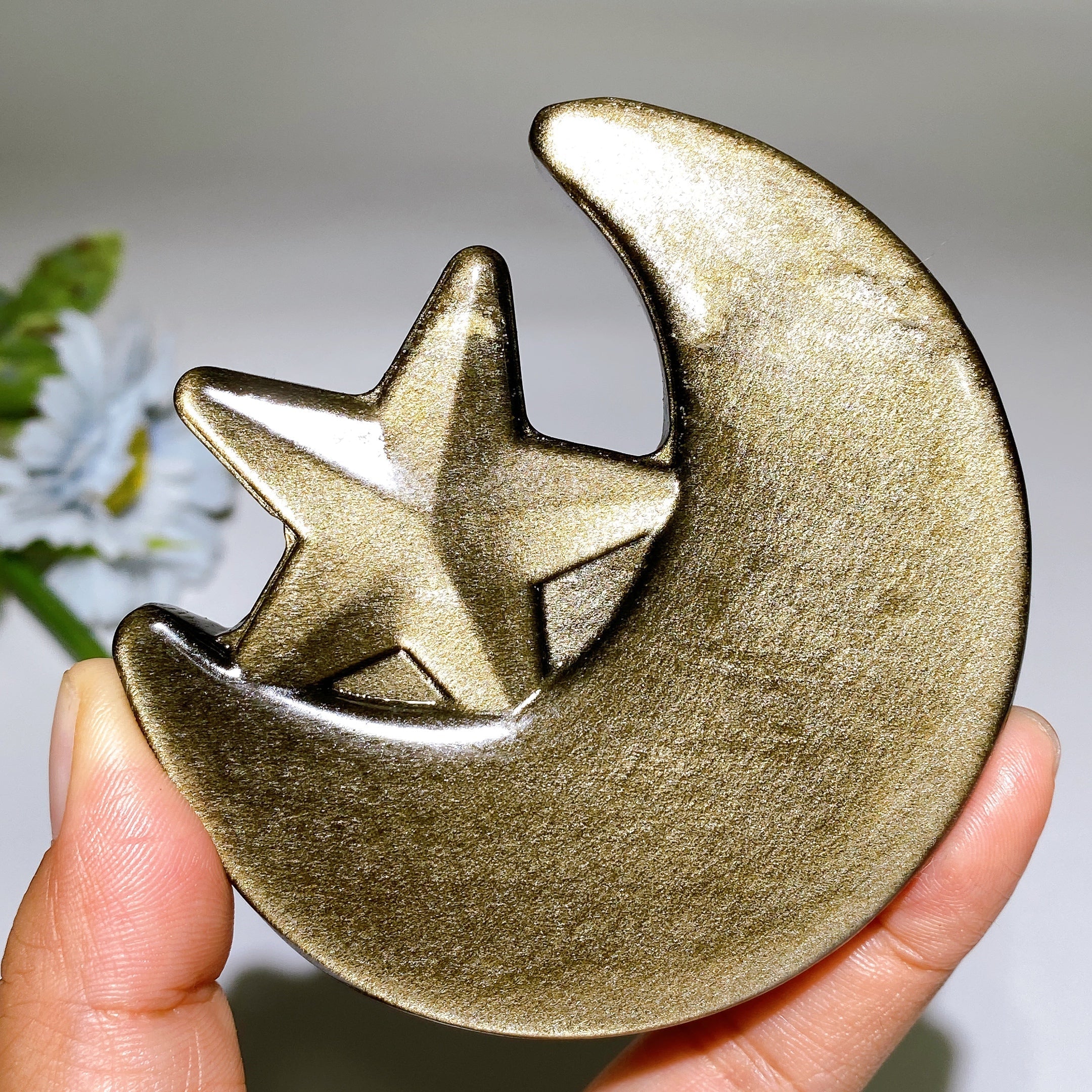 3.3 Inch Golden Obsidian Moon & Star Crystal Figurine