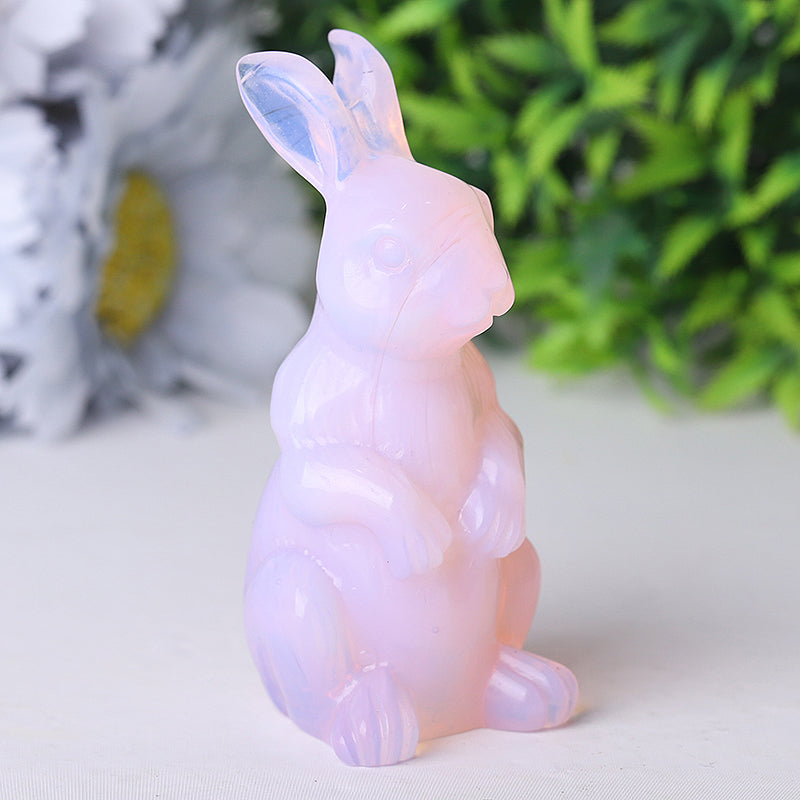 Figurine de lapin en cristal de guérison en opalite rose de 3,3 pouces