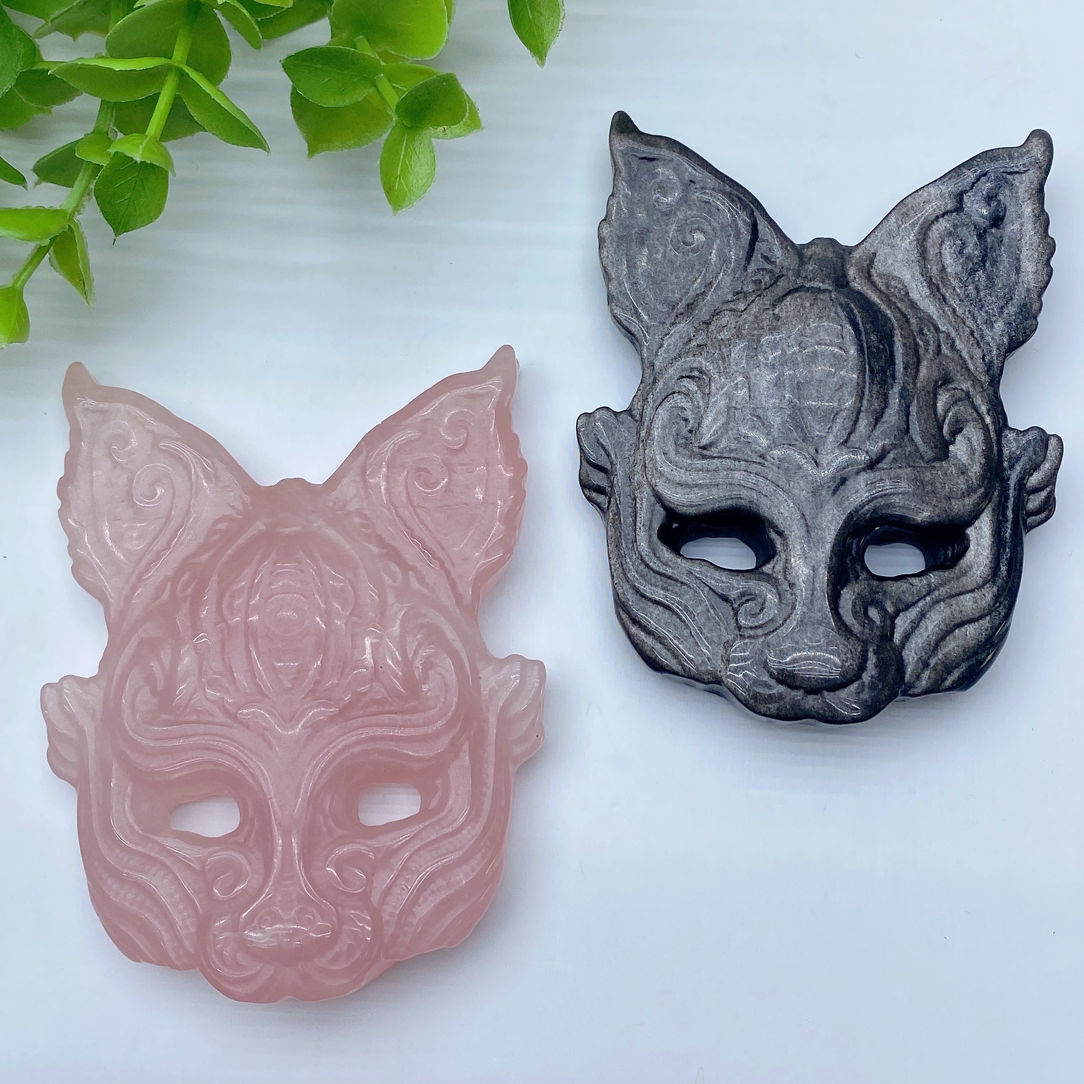 3.3in Rose Quartz & Obsidian Cat Mask Crystal Carving