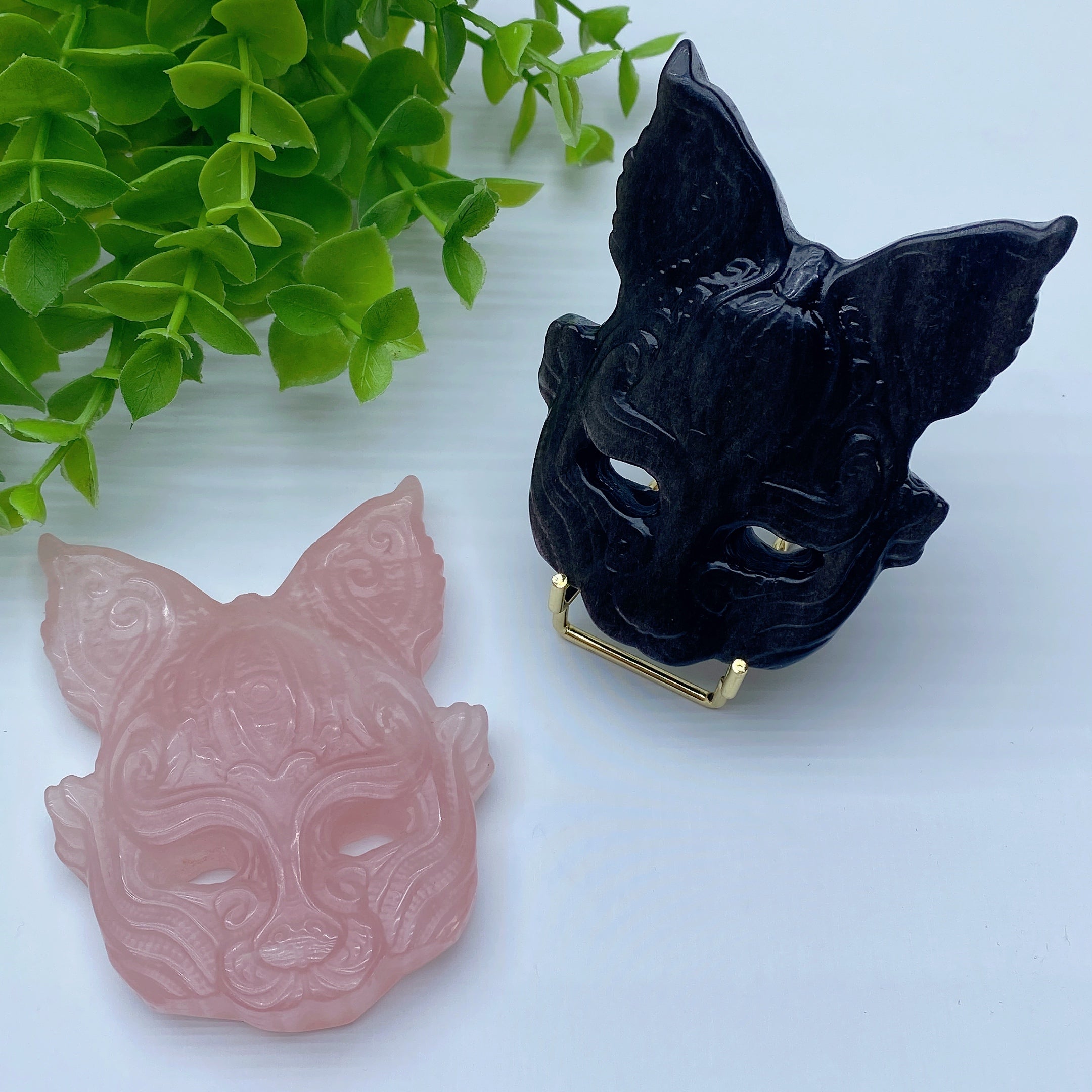 3.3in Rose Quartz & Obsidian Cat Mask Crystal Carving