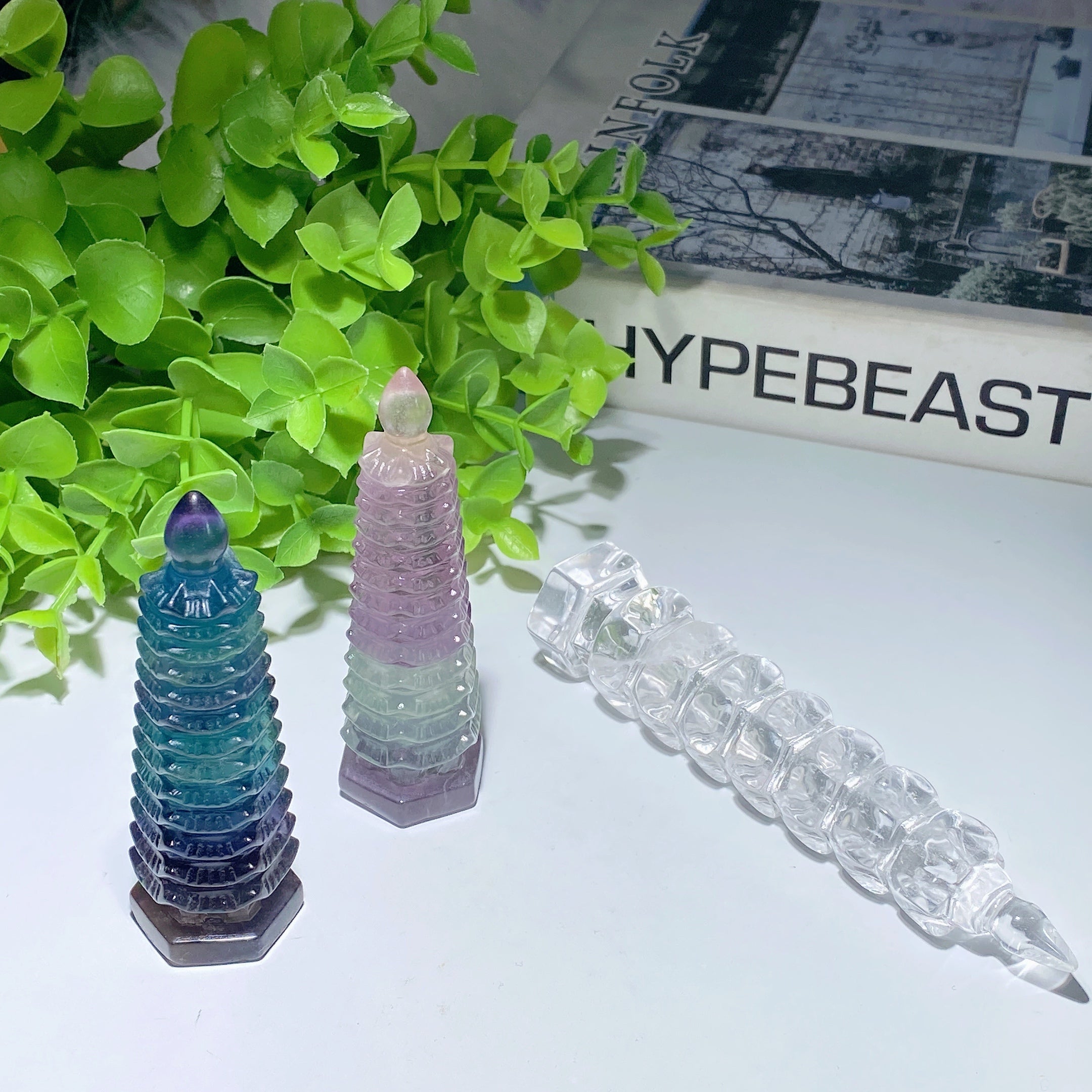 3-4.5 inch Clear Quartz Fluorite Wenchang Pagoda Crystal Figurines