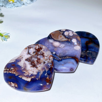 Cristal de cœur en agate fleur bleue de 7,6 à 10 cm pour la guérison