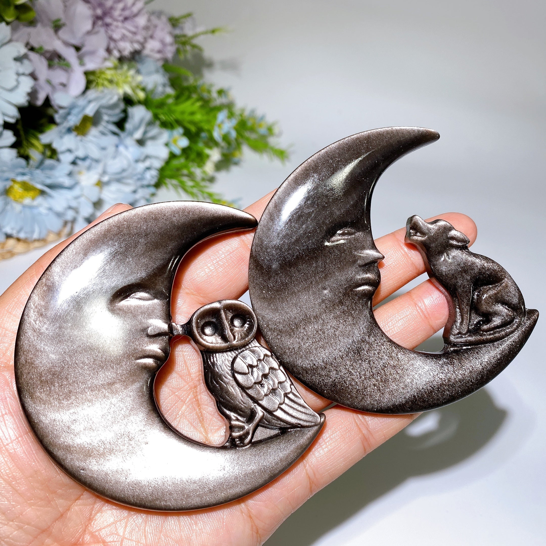 3.4 inch Silver Obsidian Owl Wolf Moon Carving Figurine
