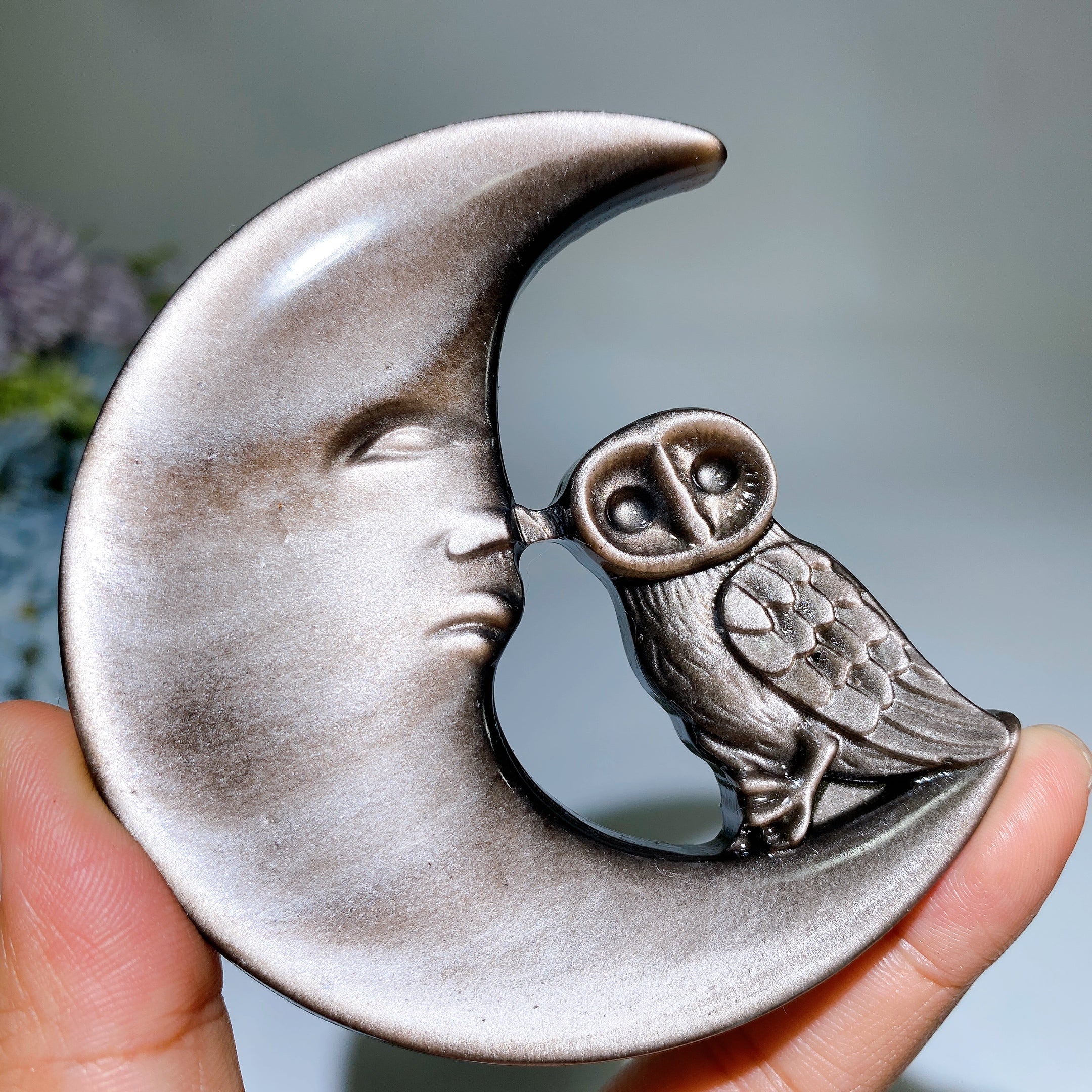 3.4 inch Silver Obsidian Owl Wolf Moon Carving Figurine