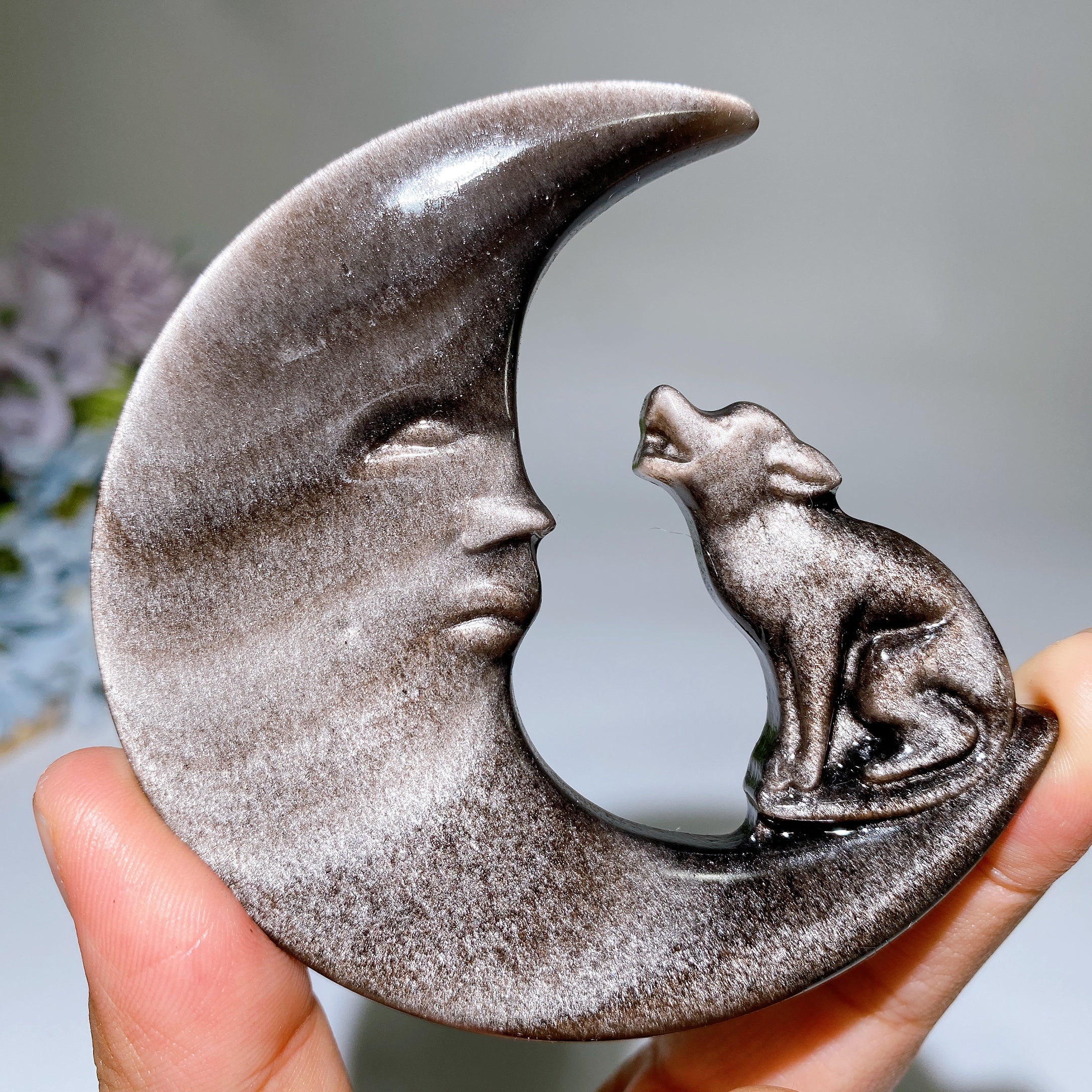 3.4 inch Silver Obsidian Owl Wolf Moon Carving Figurine
