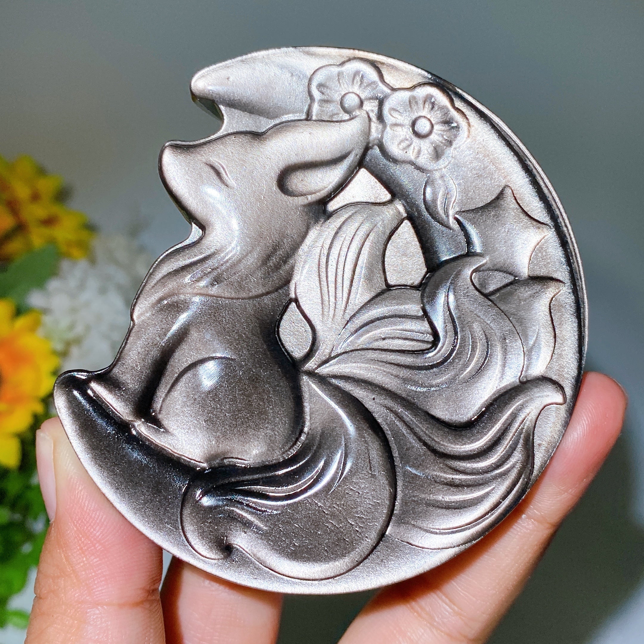 3.4 inch Silver Obsidian Owl Wolf Moon Carving Figurine