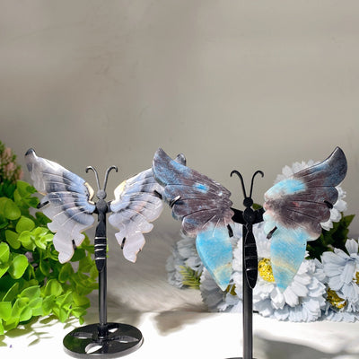Figurine en cristal d'ailes de papillon en agate noire et trolleite de 3,5 pouces