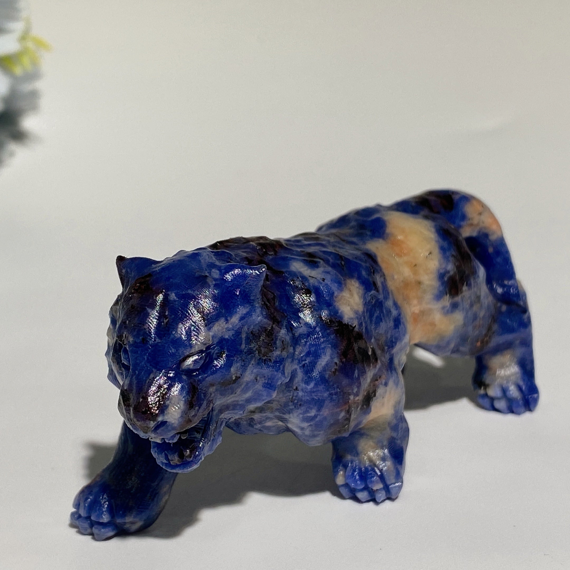 Sculptures de tigre en cristal de 3,5 pouces en sodalite et jaspe fruité