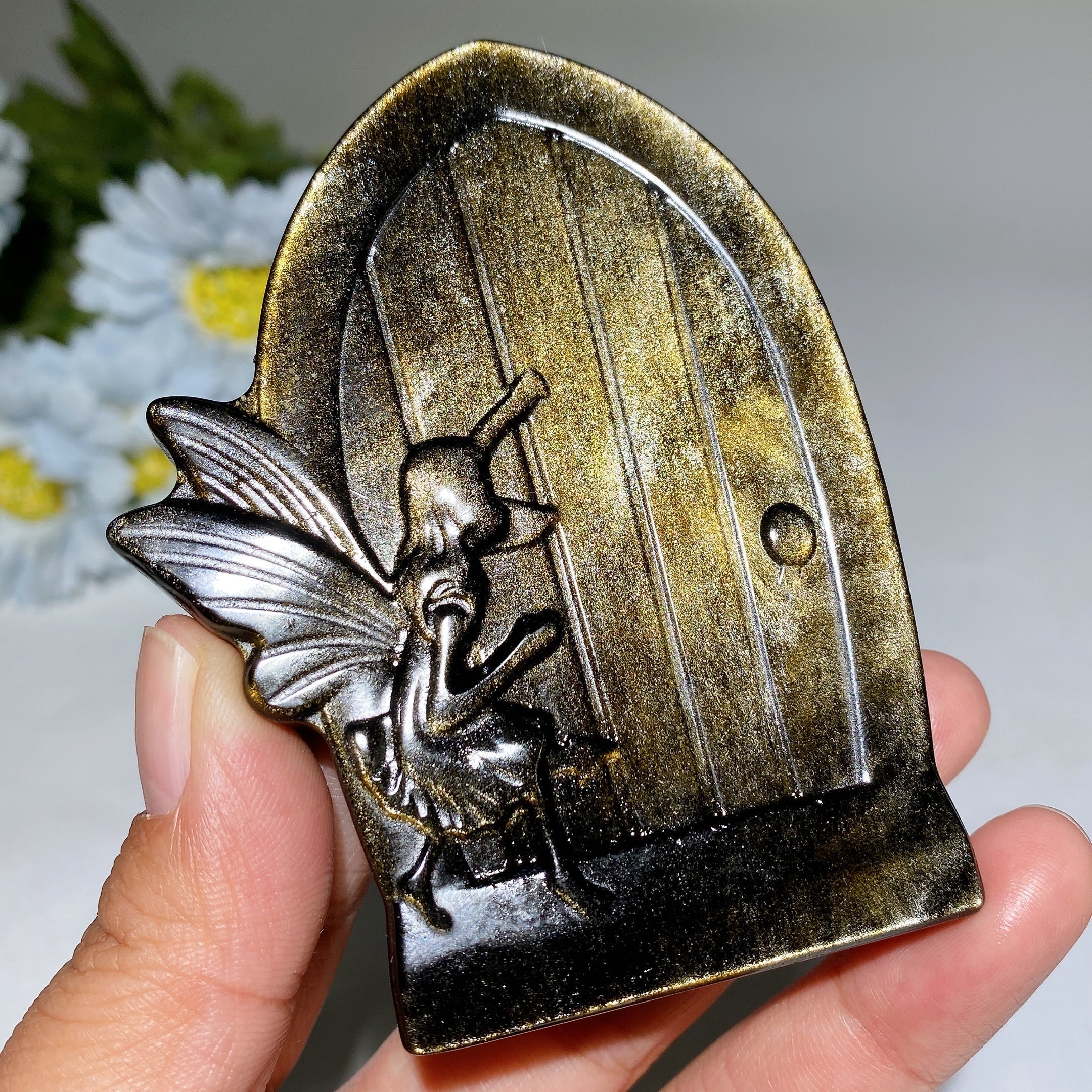 3.5 Inch Golden Obsidian Fairy Door Crystal Figurine