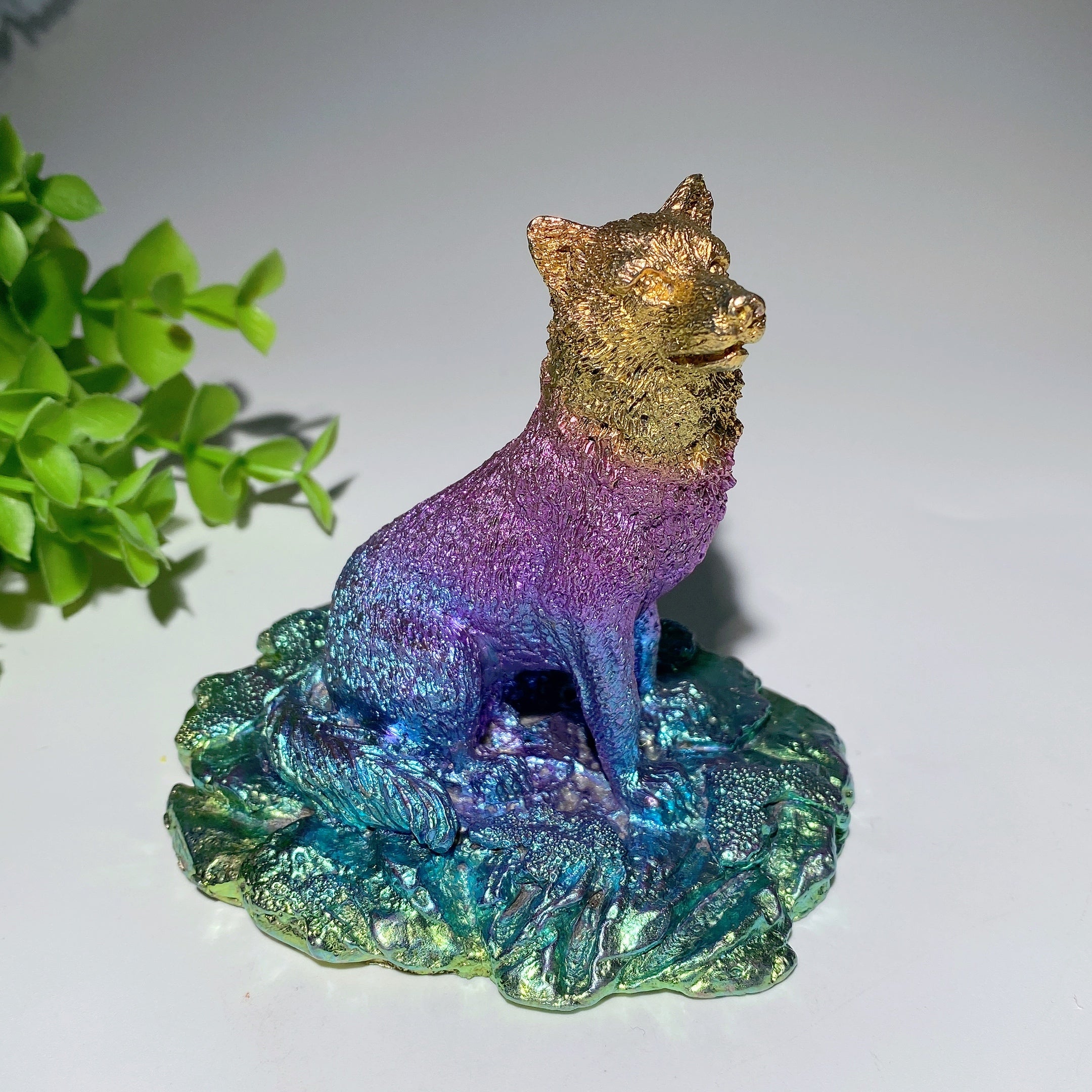 3.6 Inch Bismuth Crystal Wolf Carving for Healing & Protection