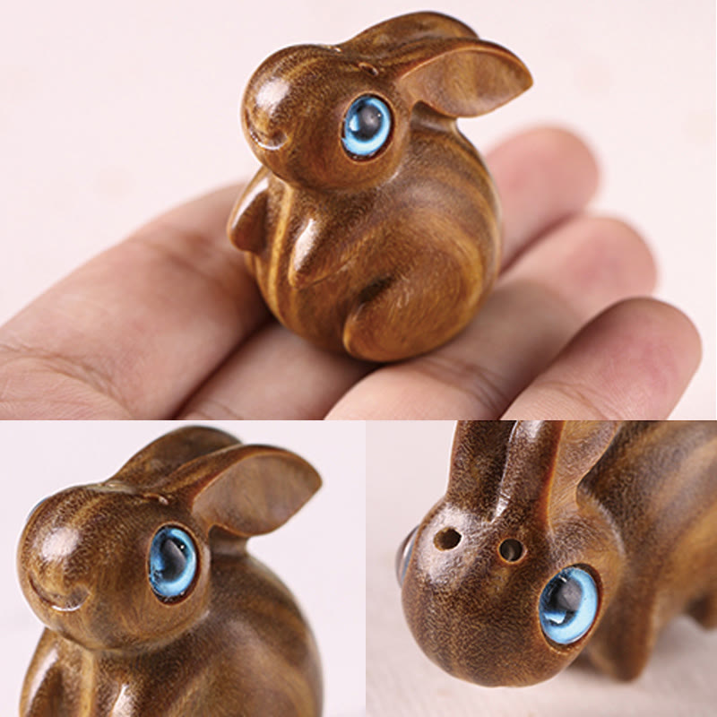 Lapin porte-bonheur en bois de santal rouge et vert, petite feuille de 3,6 cm, décoration zen