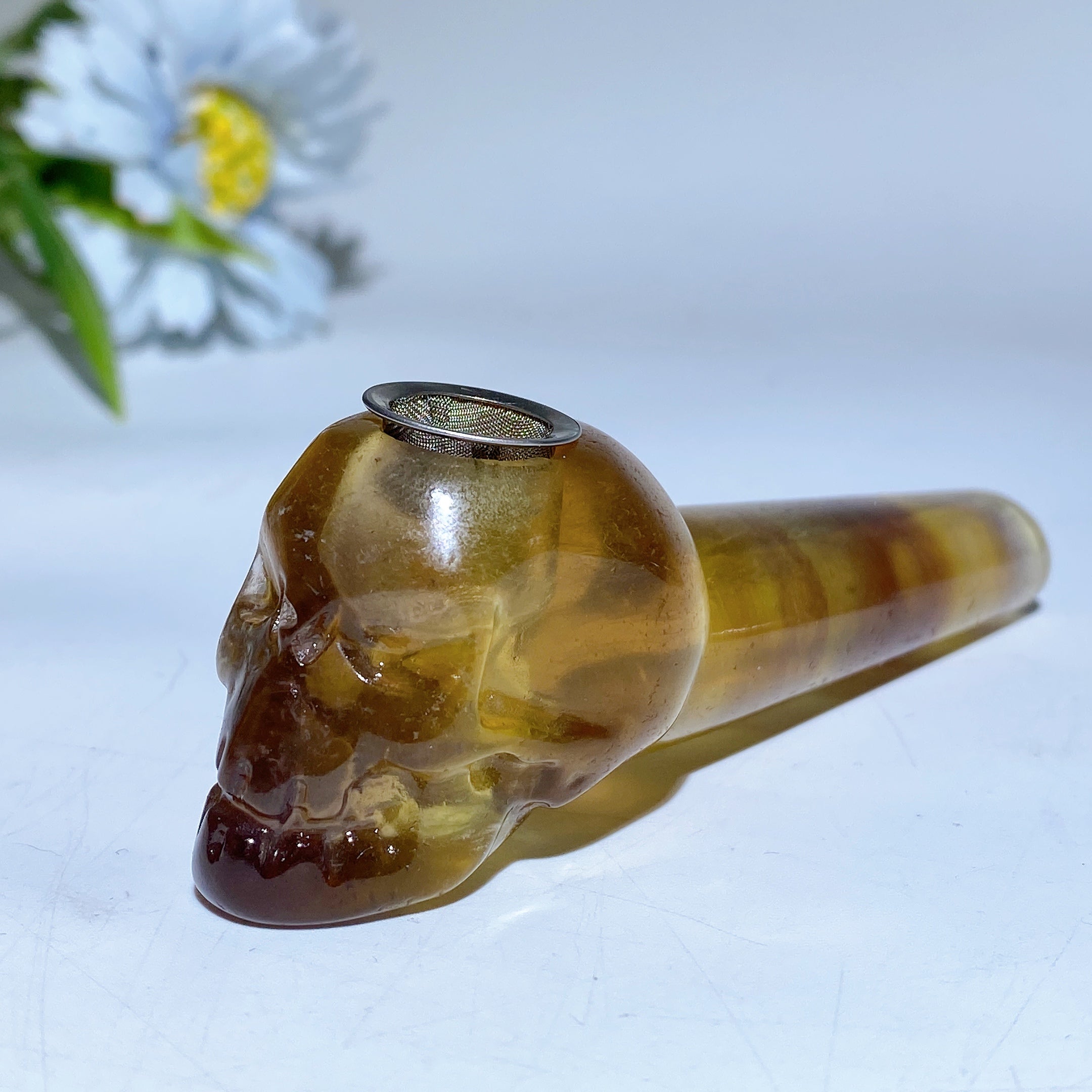 3.9in Yellow Green Purple Fluorite Skull Pipe Figurine