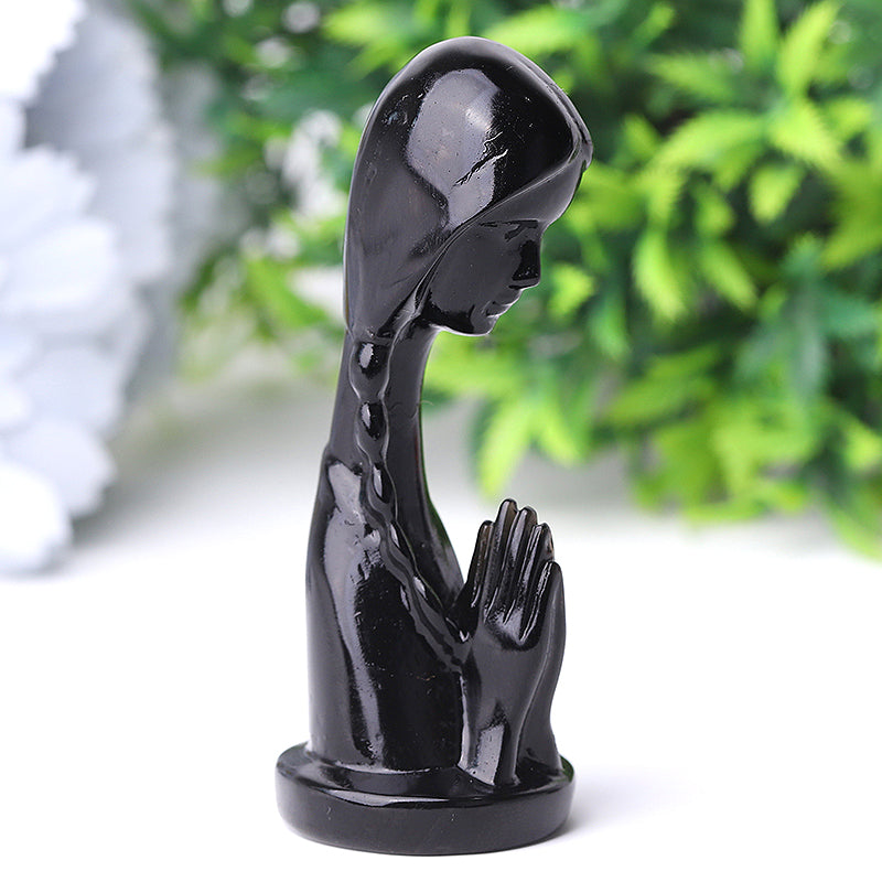 Figurine de prière en cristal d'obsidienne noire de 7,6 cm