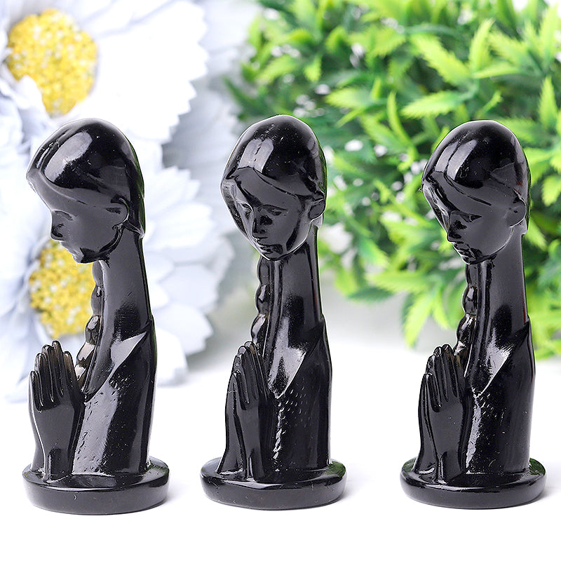 Figurine de prière en cristal d'obsidienne noire de 7,6 cm