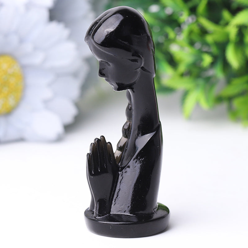Figurine de prière en cristal d'obsidienne noire de 7,6 cm