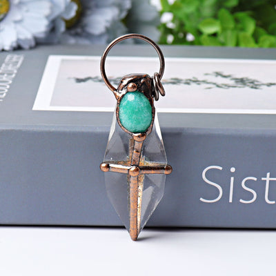 Pendentif en cristal de quartz transparent et d'amazonite de 3 pouces