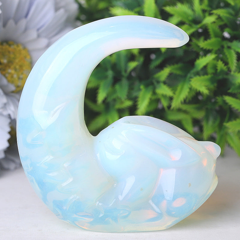 Figurine sculptée en cristal de lapin lune en opalite de 7,6 cm