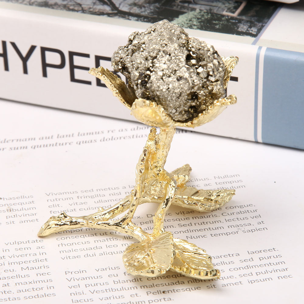 Amas de cristaux de pyrite de 7,6 cm avec support en métal pour décoration