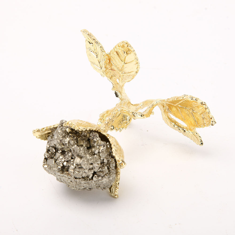 Amas de cristaux de pyrite de 7,6 cm avec support en métal pour décoration