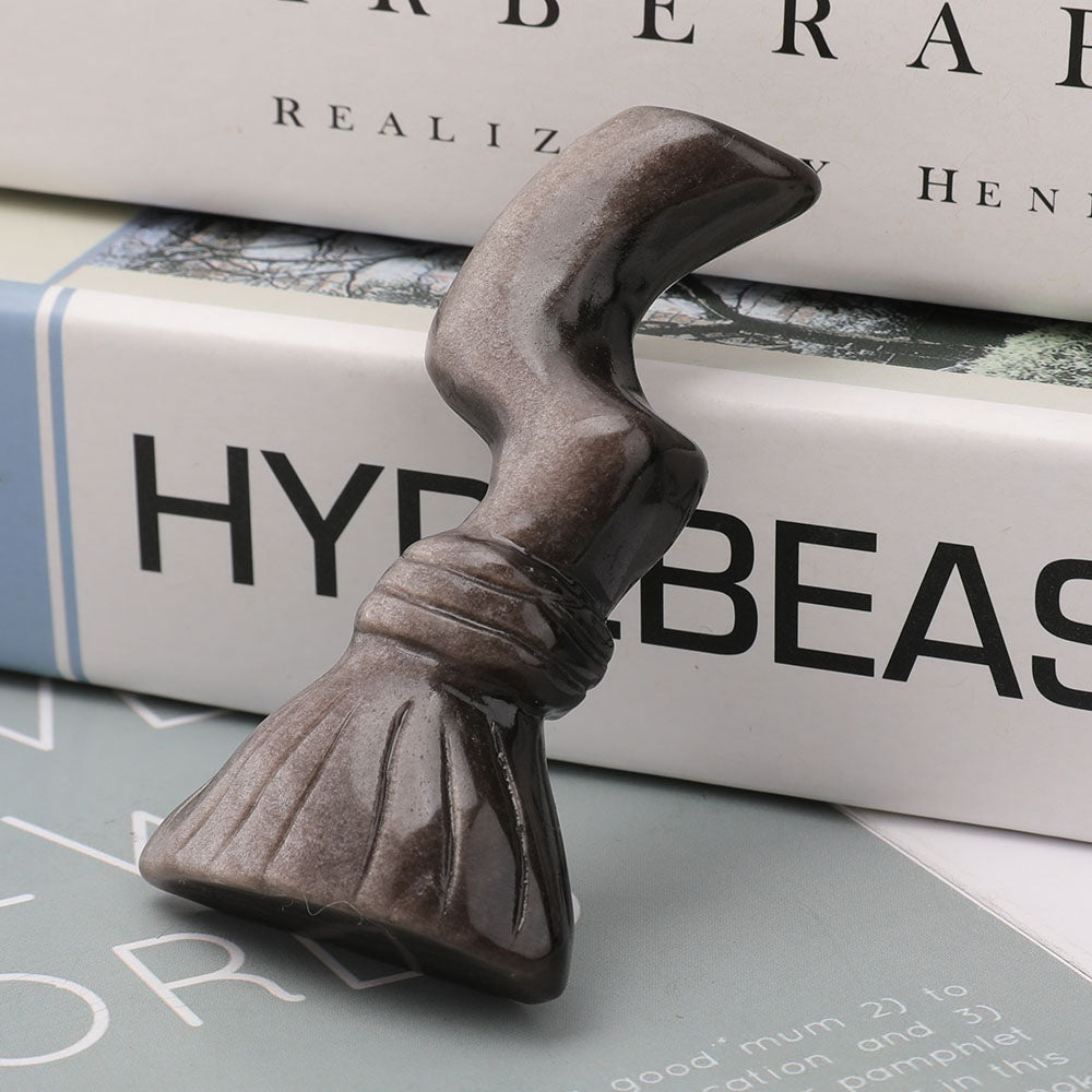 3-Inch Silver Obsidian Wizard's Broom Crystal Figurine