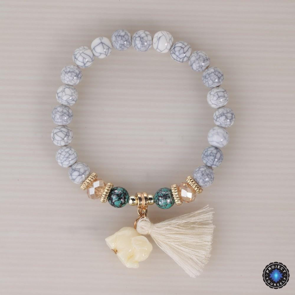 Ensemble de 3 bracelets bohèmes à breloques éléphant en perles de pierre et de bois