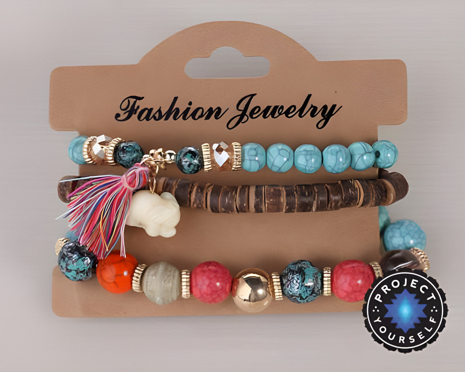 Ensemble de 3 bracelets bohèmes à breloques éléphant en perles de pierre et de bois