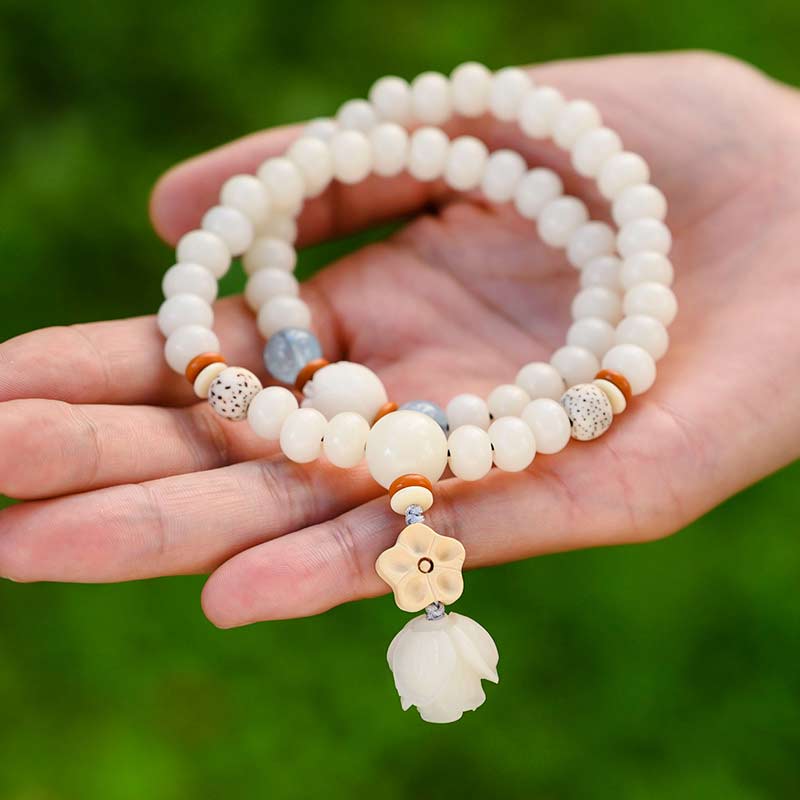 Bracelet Lotus unisexe avec jade blanc, graines de Bodhi et bénédictions