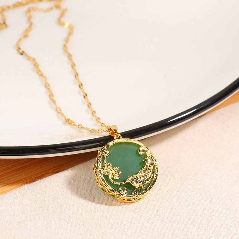 Natural Jade Koi Fish Lotus Luck Pendant Necklace