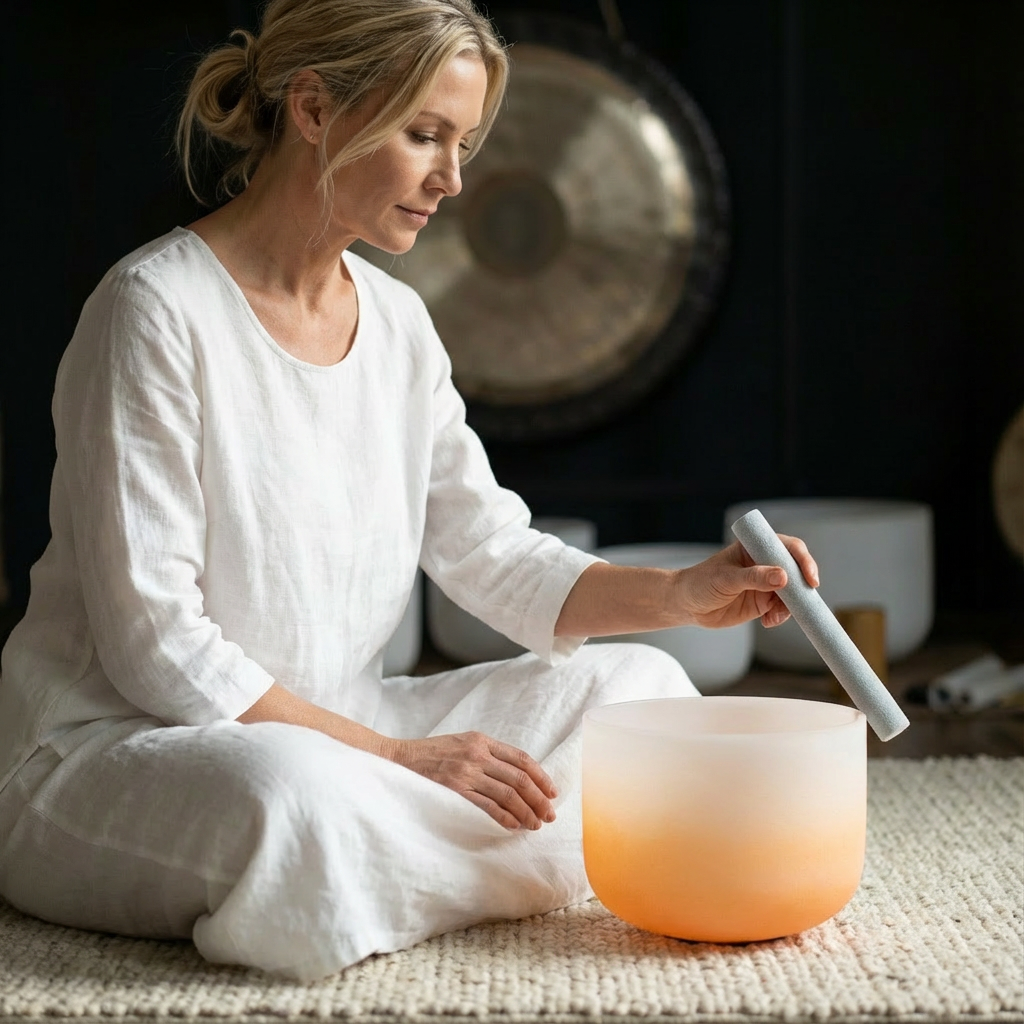 Bol chantant en cristal - Bol de méditation pour le chakra sacré (note ré)