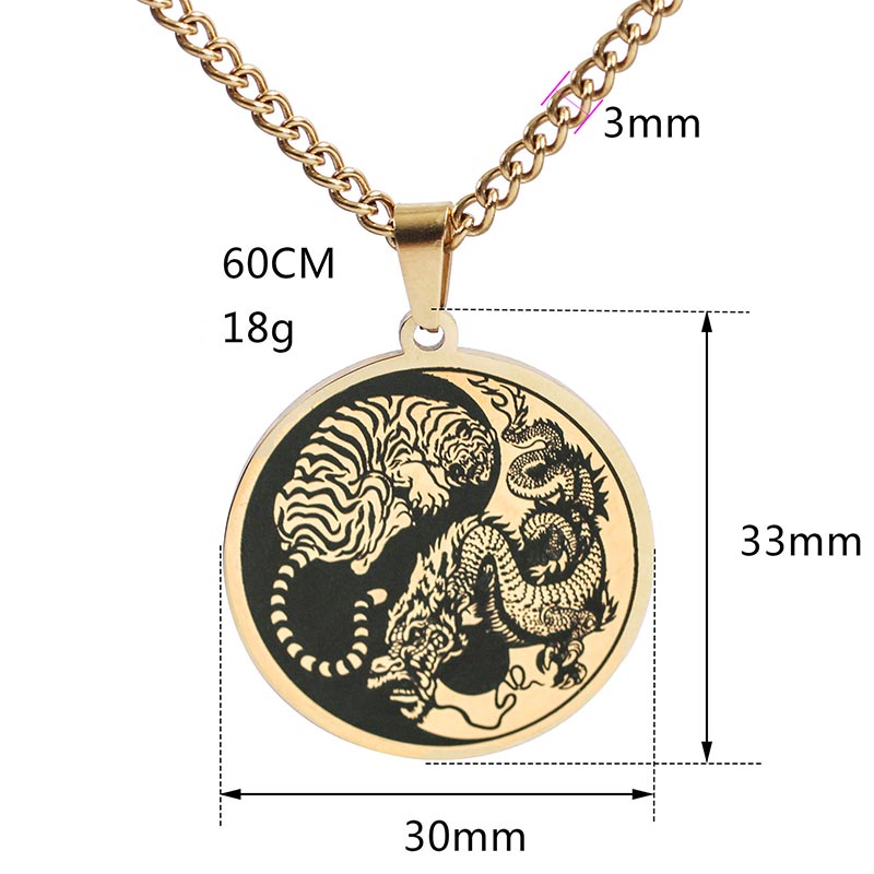 Collier Dragon en Acier Titane avec Pendentif Harmonie Dragon Tigre