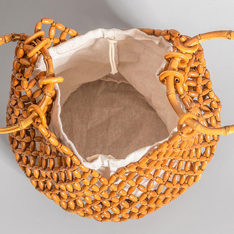 Hand-woven Wooden Beads Shoulder Bag with Bamboo Handle