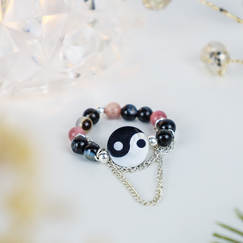 Adjustable Agate Yin Yang Symbol Balance Luck Ring
