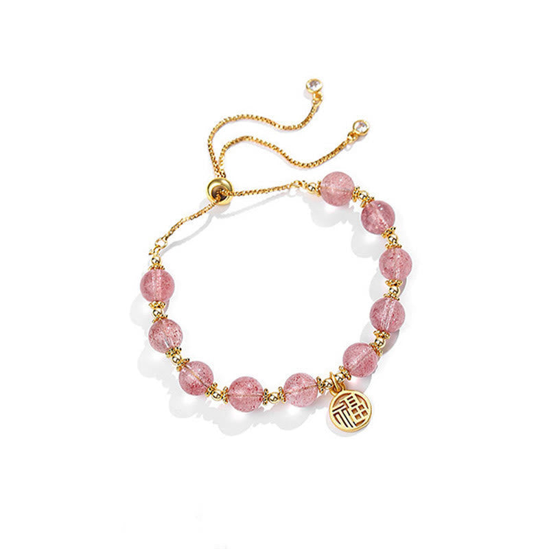 Strawberry Quartz Fu Character Spiritual Bracelet 15-18cm
