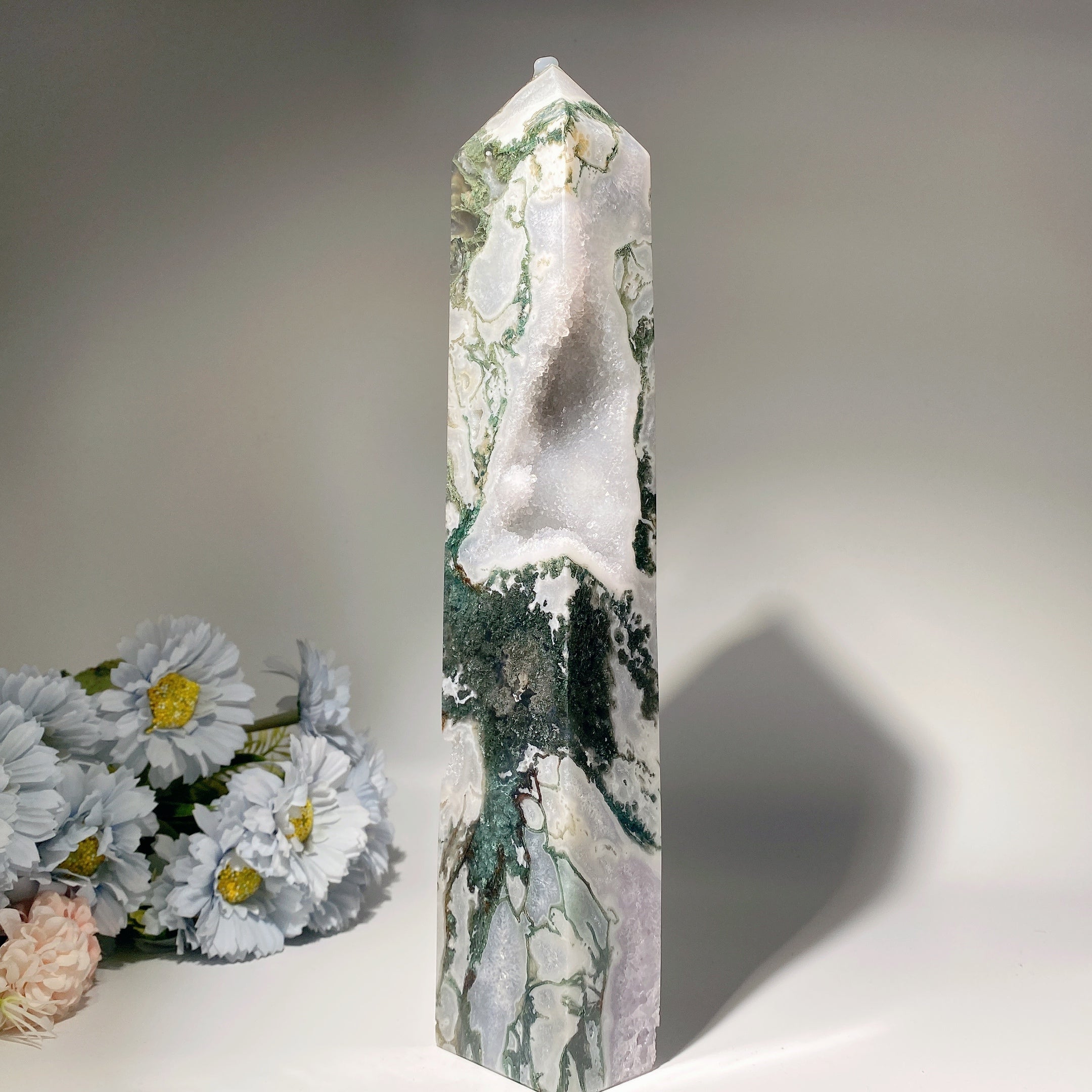 32cm Amethyst & Moss Agate Crystal Tower for Healing