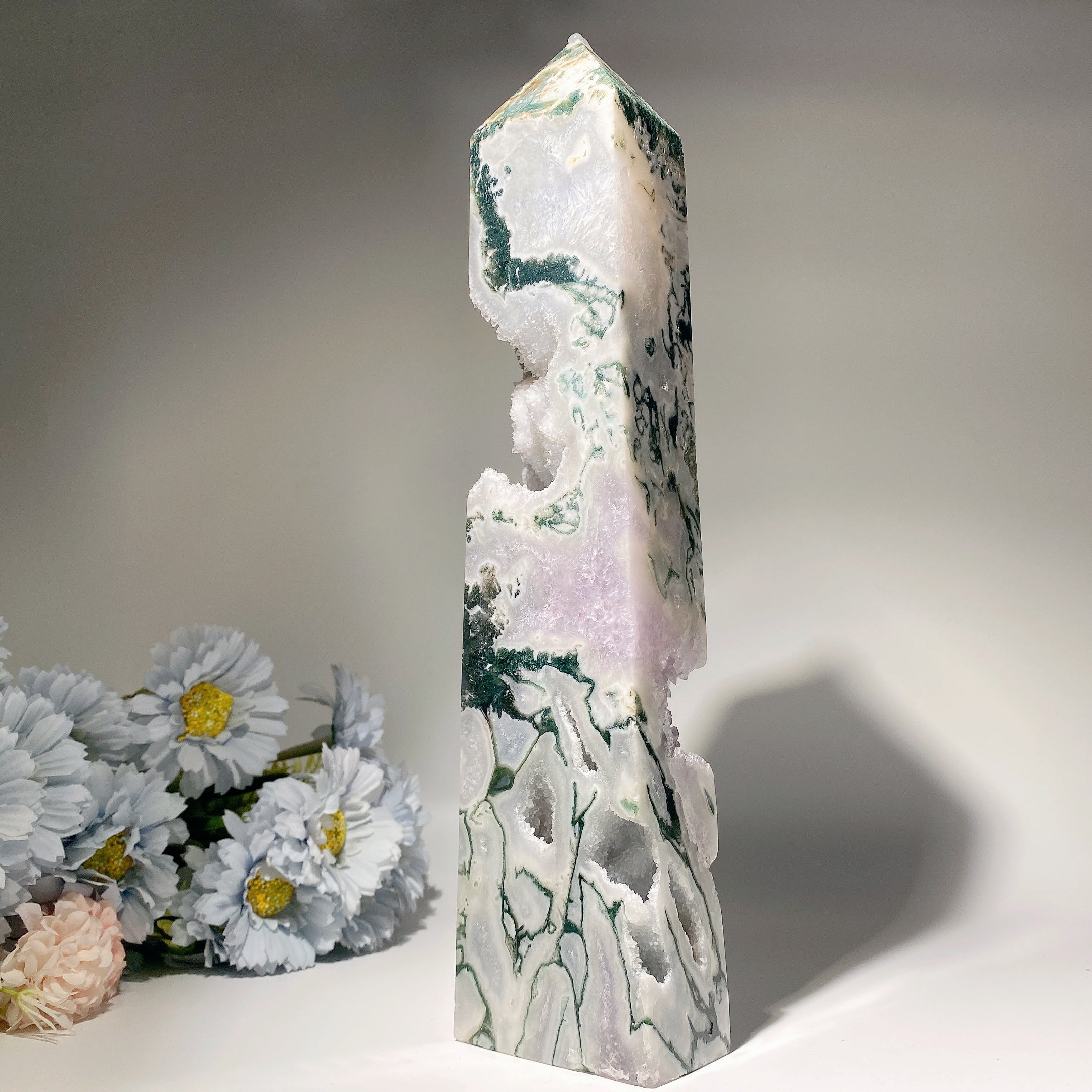 32cm Amethyst & Moss Agate Crystal Tower for Healing