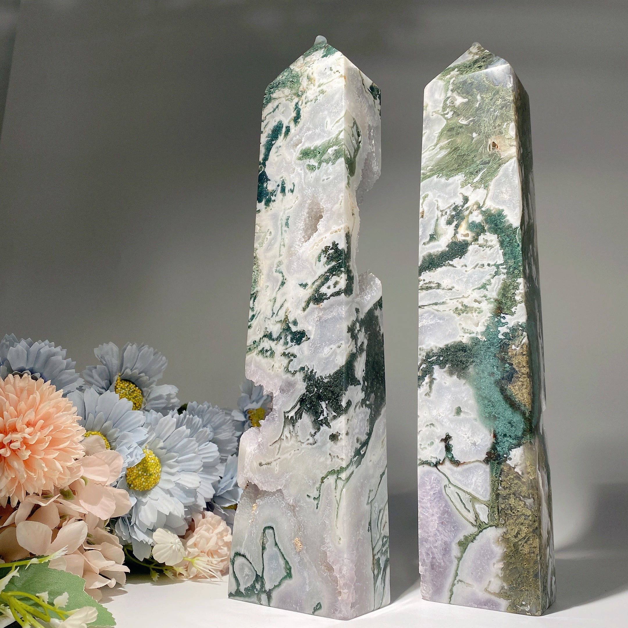 32cm Amethyst & Moss Agate Crystal Tower for Healing