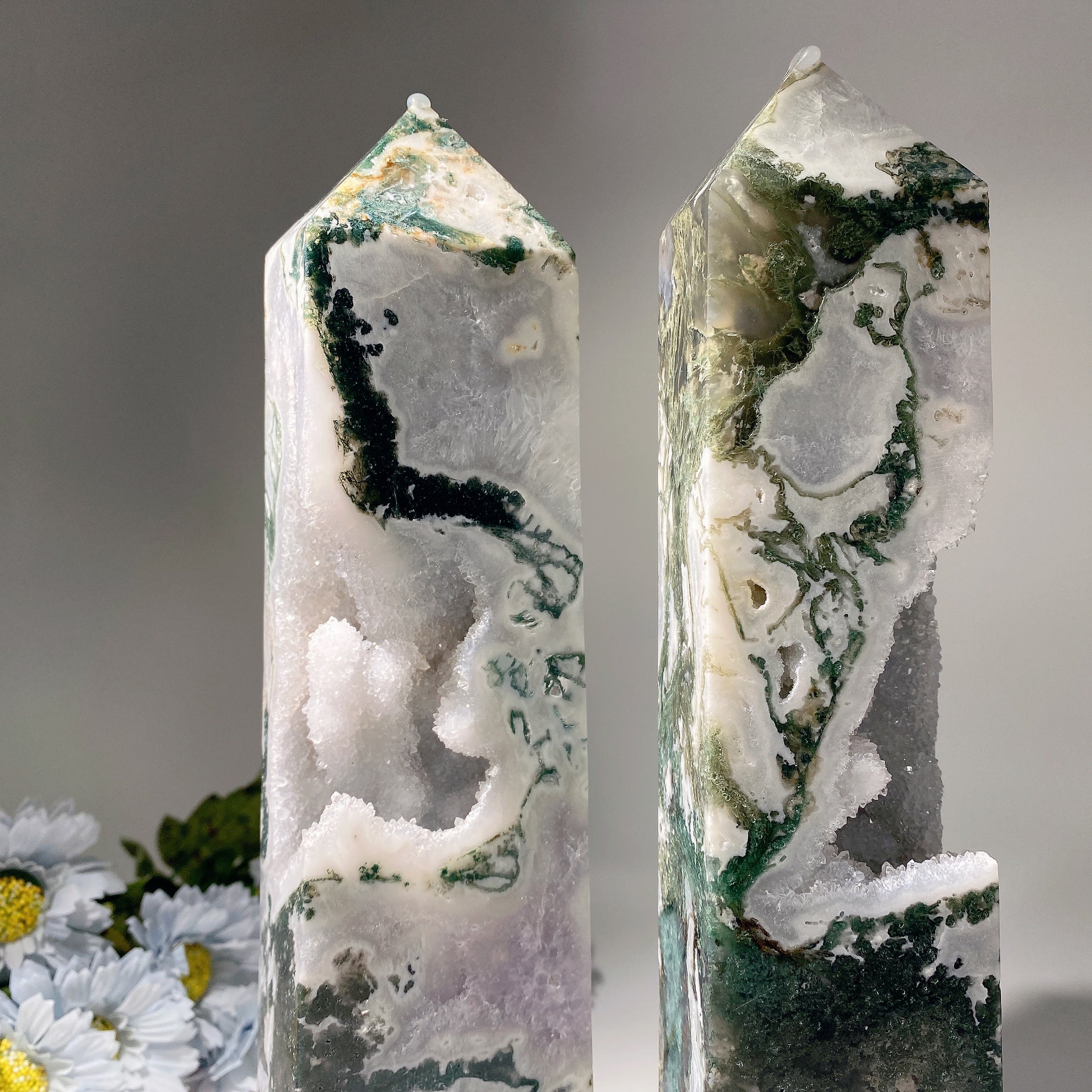 32cm Amethyst & Moss Agate Crystal Tower for Healing