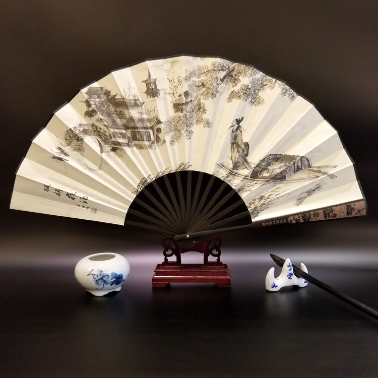 Éventail chinois pliable en bambou de 33,5 cm avec motif Grande Muraille