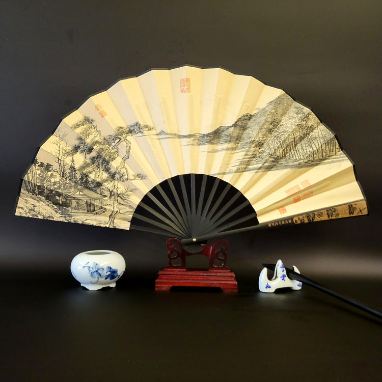 Éventail chinois pliable en bambou de 33,5 cm avec motif Grande Muraille