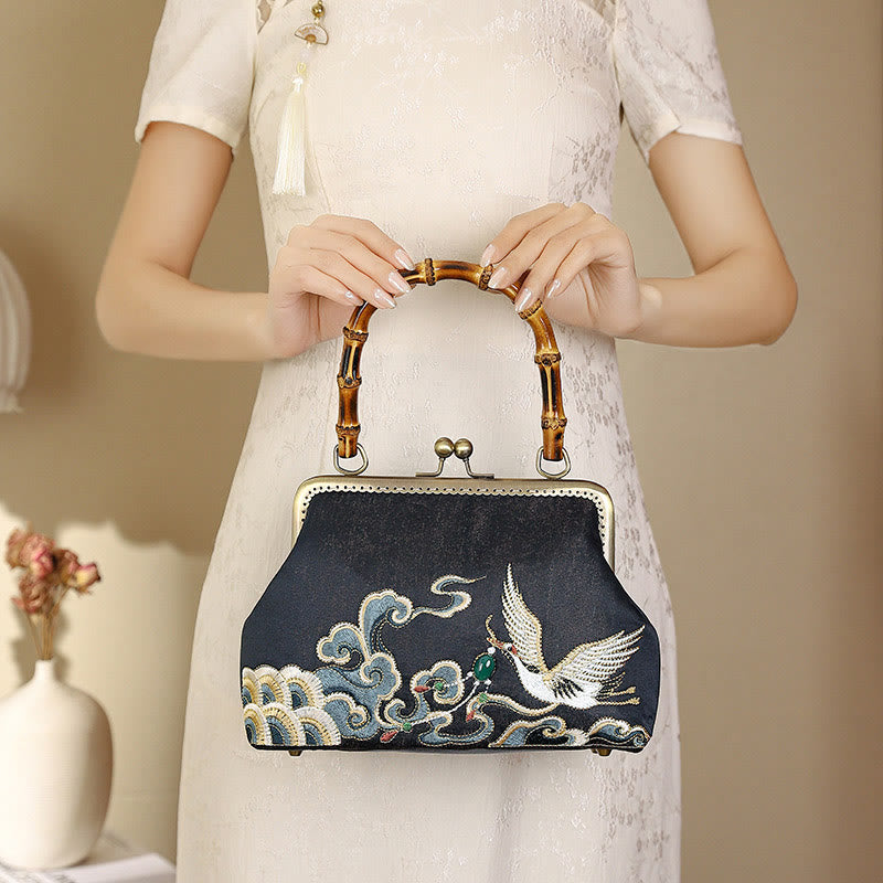 Auspicious Clouds Cranes Embroidery Bamboo Handle Handbag