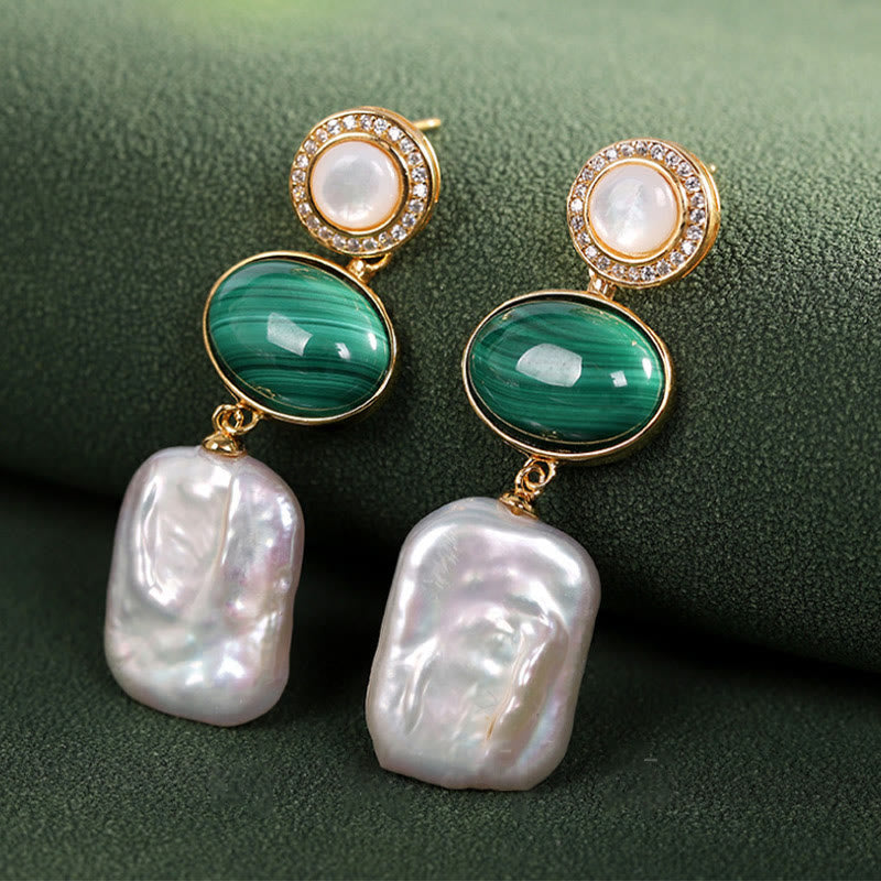 925 Sterling Silver Malachite Baroque Pearl Healing Wisdom Drop Earrings