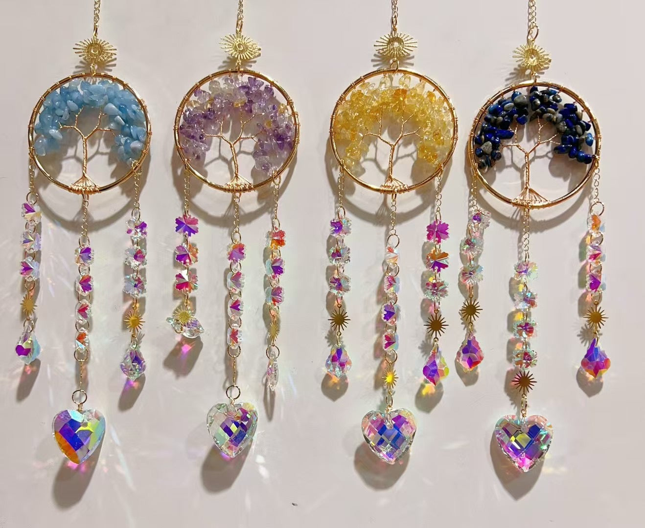 33cm Crystal Chips Golden Life Tree Suncatcher for Spiritual Healing