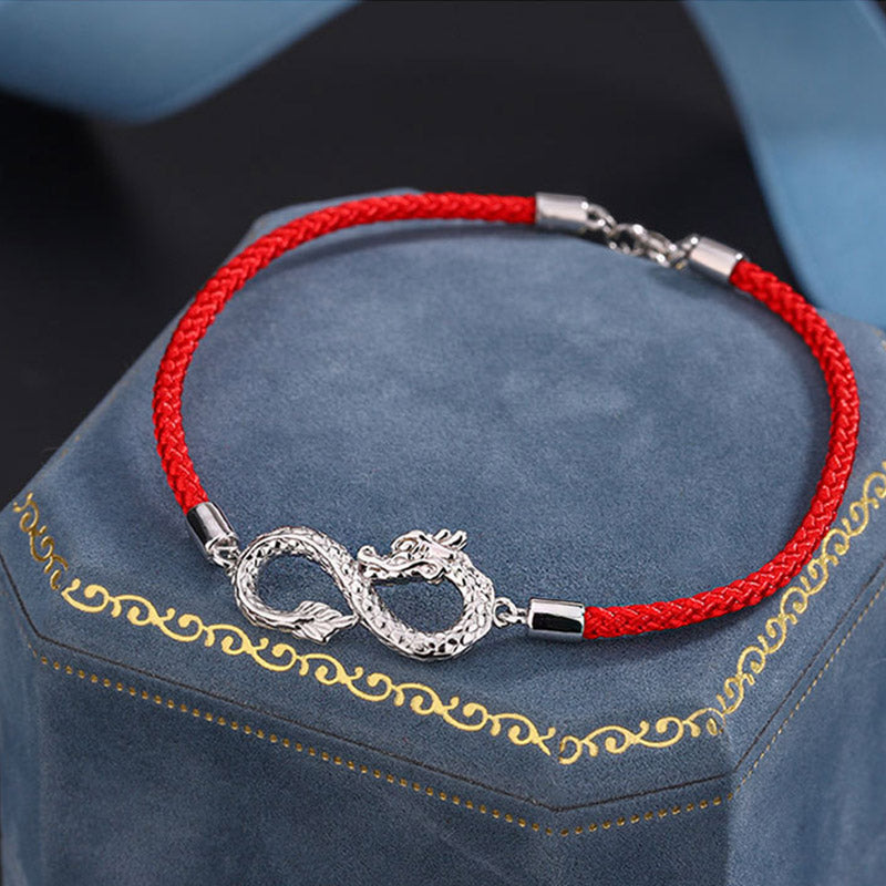 999 Sterling Silver Dragon Bracelet with Endless Knot for Luck & Protection