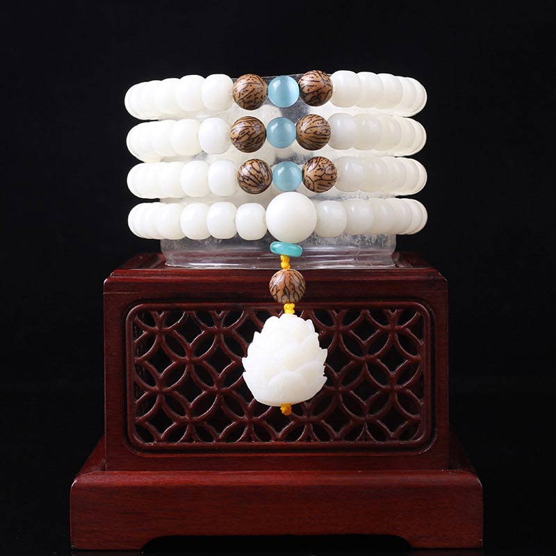 8mm Bodhi Seed Peace Bracelet with Opal, Red Agate & Lazurite Beads
